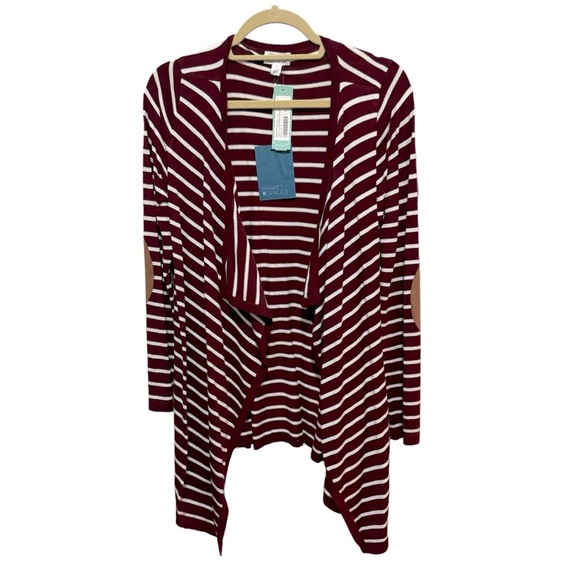 Market & Spruce -Shawl collar open front cardigan, size L, burgundy/white stripe - Picture 1 of 7